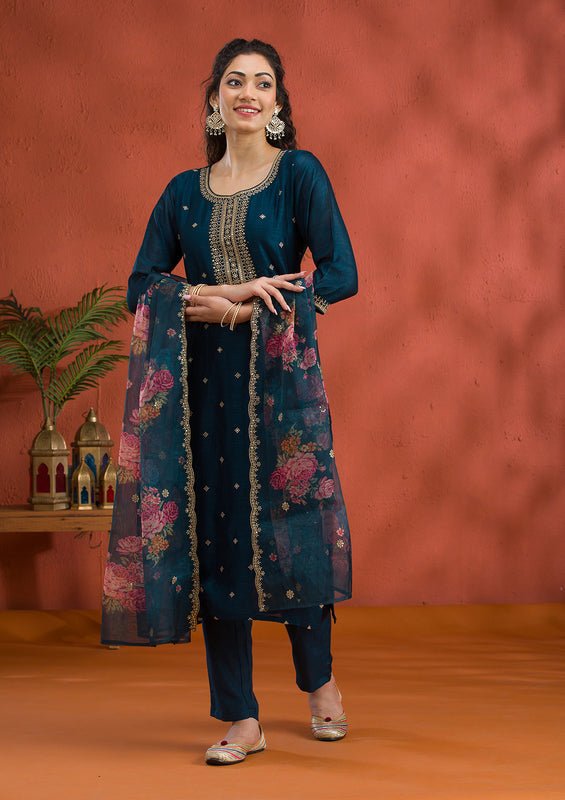 Peacock Blue Soft Raw Silk Gold Zariwork Straight Kurta With Pant Regular And Dupatta - Image 3