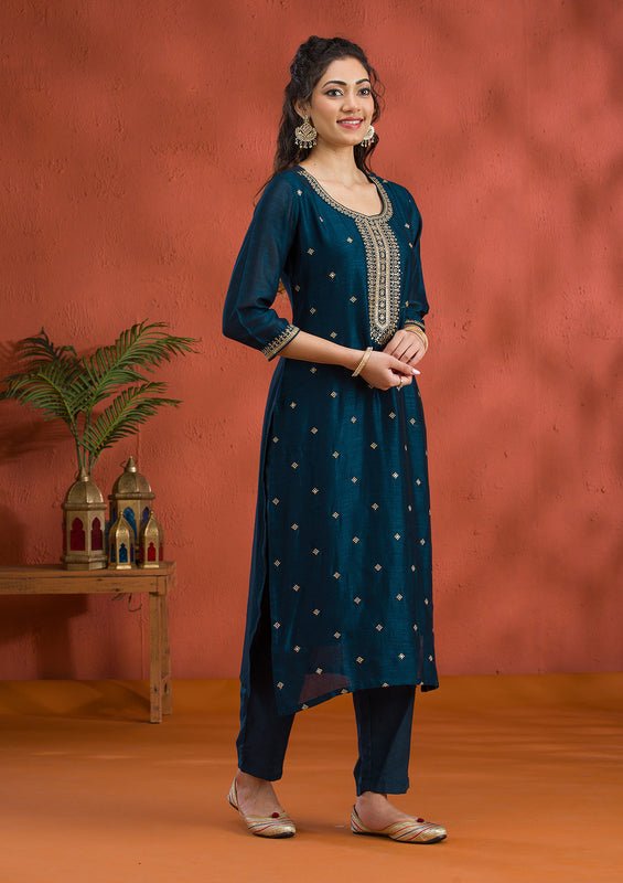 Peacock Blue Soft Raw Silk Gold Zariwork Straight Kurta With Pant Regular And Dupatta - Image 4