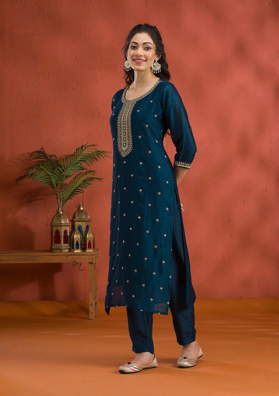 Peacock Blue Soft Raw Silk Gold Zariwork Straight Kurta With Pant Regular And Dupatta - Image 5