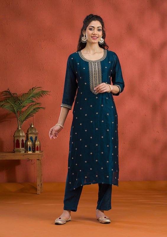 Peacock Blue Soft Raw Silk Gold Zariwork Straight Kurta With Pant Regular And Dupatta - Image 6