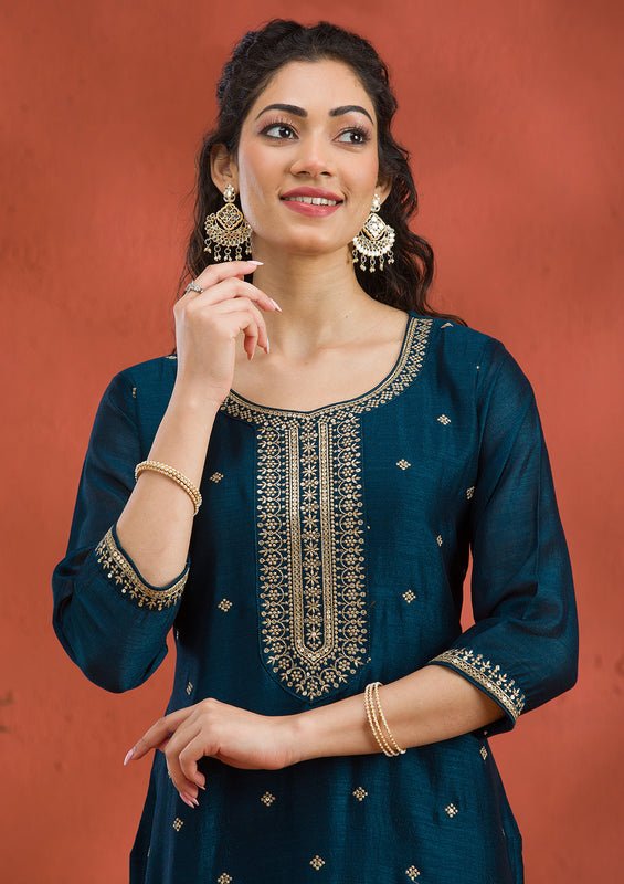 Peacock Blue Soft Raw Silk Gold Zariwork Straight Kurta With Pant Regular And Dupatta - Image 7