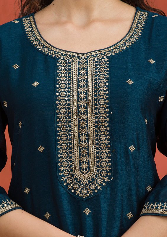 Peacock Blue Soft Raw Silk Gold Zariwork Straight Kurta With Pant Regular And Dupatta - Image 8