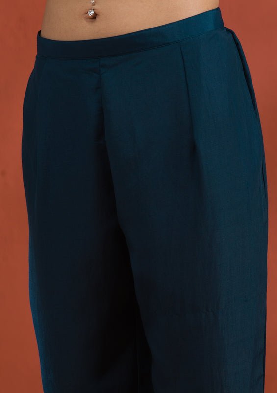Peacock Blue Soft Raw Silk Gold Zariwork Straight Kurta With Pant Regular And Dupatta - Image 9