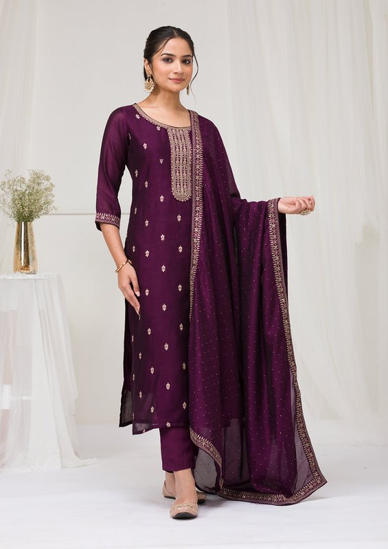Purple Soft Raw Silk Gold Zariwork Straight Kurta With Pant Regular And Dupatta