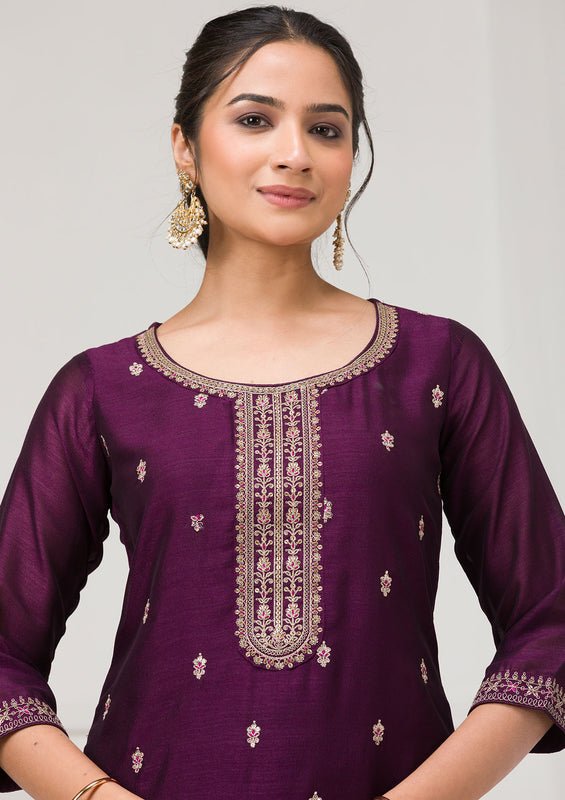 Purple Soft Raw Silk Gold Zariwork Straight Kurta With Pant Regular And Dupatta - Image 3