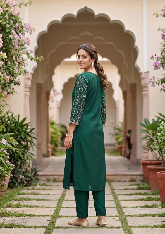 Bottle Green Soft Raw Silk Threadwork Anarkali Kurta With Regular Pant And Dupatta - Image 2
