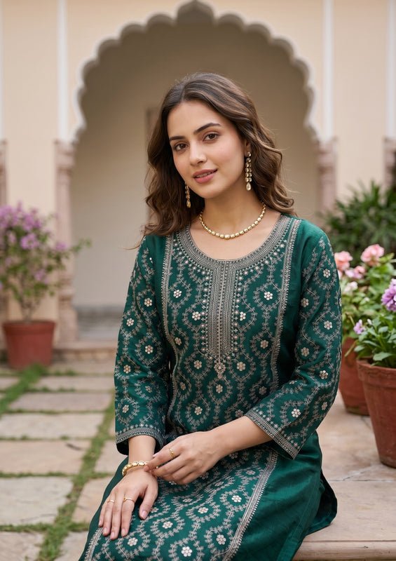 Bottle Green Soft Raw Silk Threadwork Anarkali Kurta With Regular Pant And Dupatta - Image 3