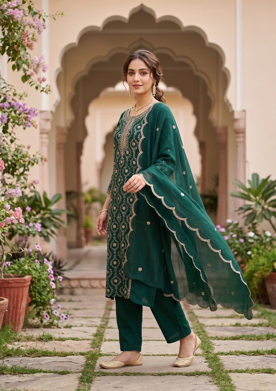 Bottle Green Soft Raw Silk Threadwork Anarkali Kurta With Regular Pant And Dupatta - Image 4
