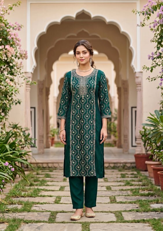 Bottle Green Soft Raw Silk Threadwork Anarkali Kurta With Regular Pant And Dupatta - Image 5