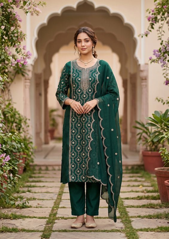 Bottle Green Soft Raw Silk Threadwork Anarkali Kurta With Regular Pant And Dupatta - Image 6
