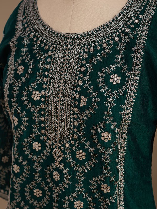 Bottle Green Soft Raw Silk Threadwork Anarkali Kurta With Regular Pant And Dupatta - Image 7