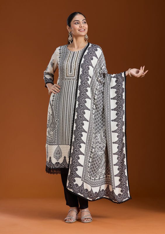 Off White Crepe Abstract Geometric Printed Straight Kurta With Regular Pant And Dupatta