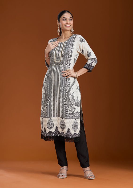 Off White Crepe Abstract Geometric Printed Straight Kurta With Regular Pant And Dupatta - Image 3