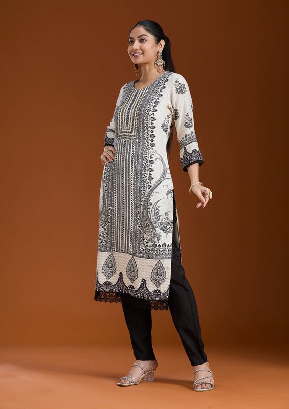 Off White Crepe Abstract Geometric Printed Straight Kurta With Regular Pant And Dupatta - Image 5