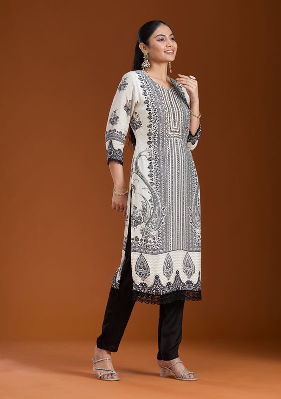 Off White Crepe Abstract Geometric Printed Straight Kurta With Regular Pant And Dupatta - Image 6