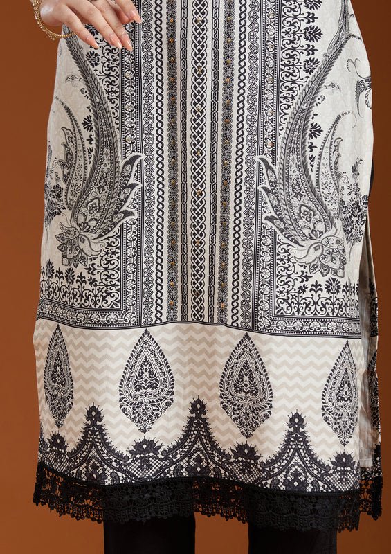 Off White Crepe Abstract Geometric Printed Straight Kurta With Regular Pant And Dupatta - Image 8
