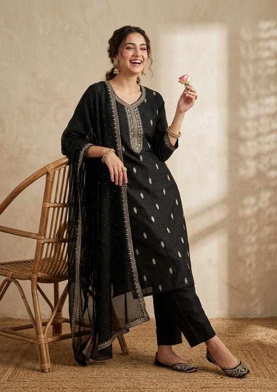 Black Soft Raw Silk Gold Zariwork Straight Kurta With Pant Regular And Dupatta