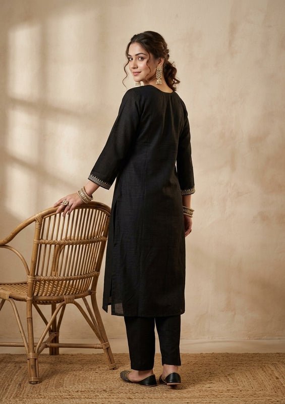 Black Soft Raw Silk Gold Zariwork Straight Kurta With Pant Regular And Dupatta - Image 2