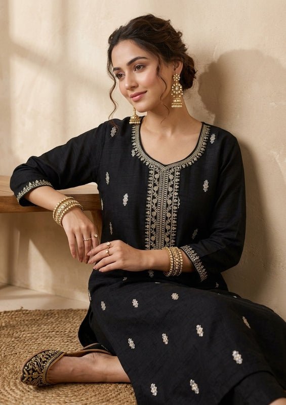 Black Soft Raw Silk Gold Zariwork Straight Kurta With Pant Regular And Dupatta - Image 3