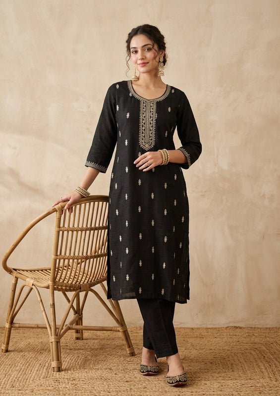 Black Soft Raw Silk Gold Zariwork Straight Kurta With Pant Regular And Dupatta - Image 4