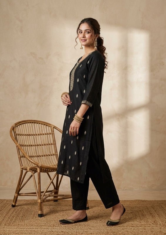 Black Soft Raw Silk Gold Zariwork Straight Kurta With Pant Regular And Dupatta - Image 5