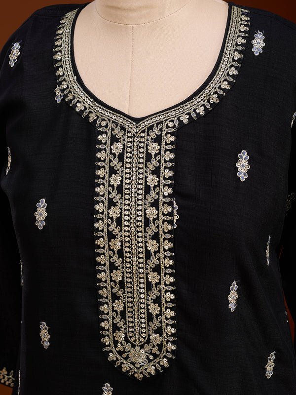 Black Soft Raw Silk Gold Zariwork Straight Kurta With Pant Regular And Dupatta - Image 6