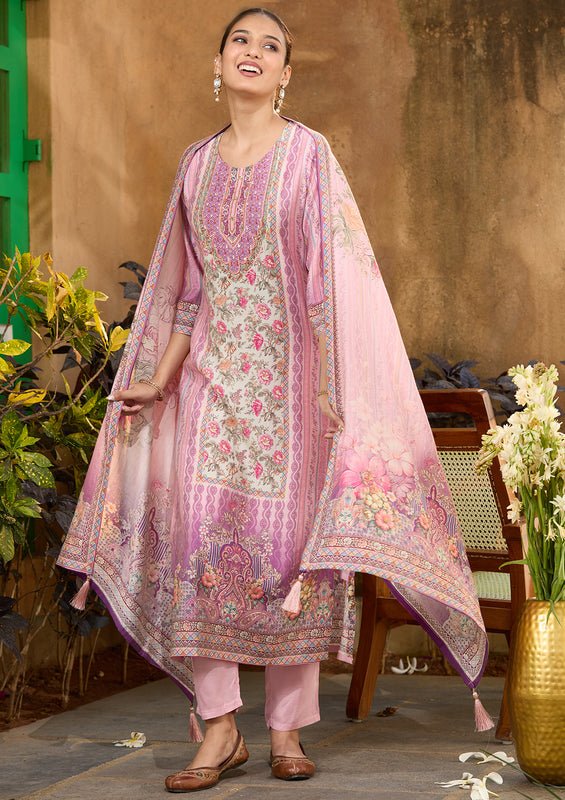 Lavender Multi Crepe Floral Printed Straight Kurta With Pant Regular And Dupatta