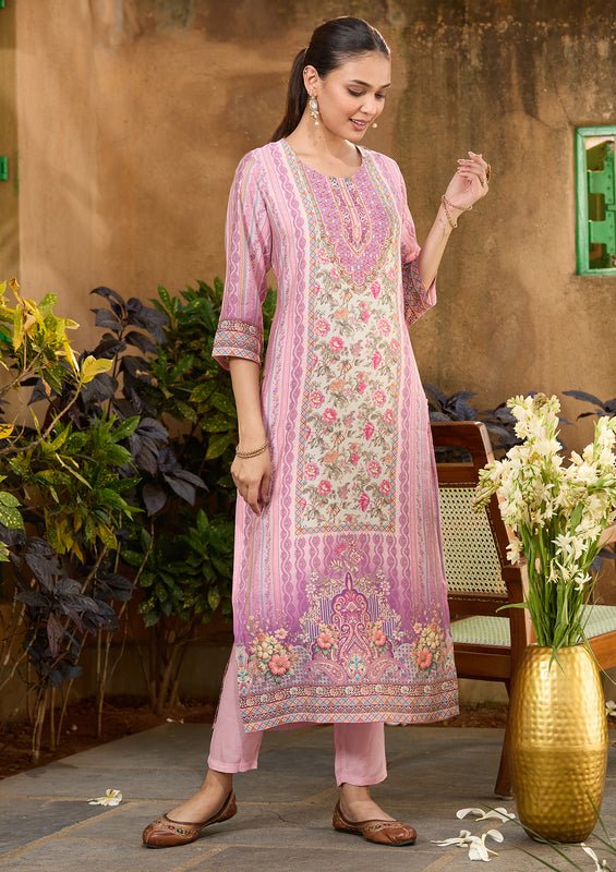 Lavender Multi Crepe Floral Printed Straight Kurta With Pant Regular And Dupatta - Image 2