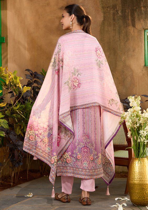 Lavender Multi Crepe Floral Printed Straight Kurta With Pant Regular And Dupatta - Image 3