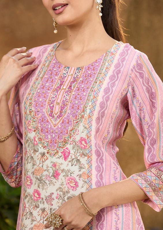 Lavender Multi Crepe Floral Printed Straight Kurta With Pant Regular And Dupatta - Image 5