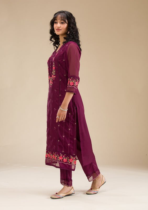 Wine Chanderi Threadwork Straight Kurta With Regular Pant And Dupatta