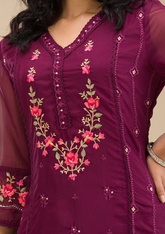 Wine Chanderi Threadwork Straight Kurta With Regular Pant And Dupatta - Image 4