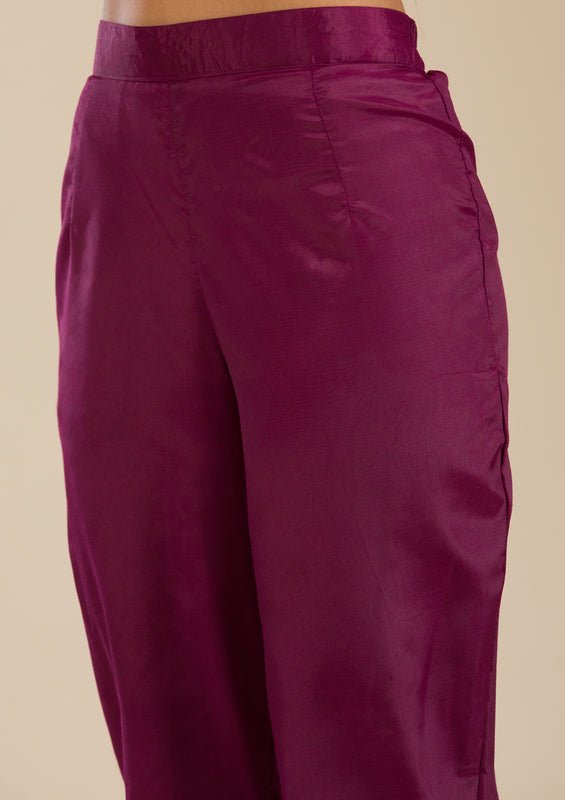 Wine Chanderi Threadwork Straight Kurta With Regular Pant And Dupatta - Image 5