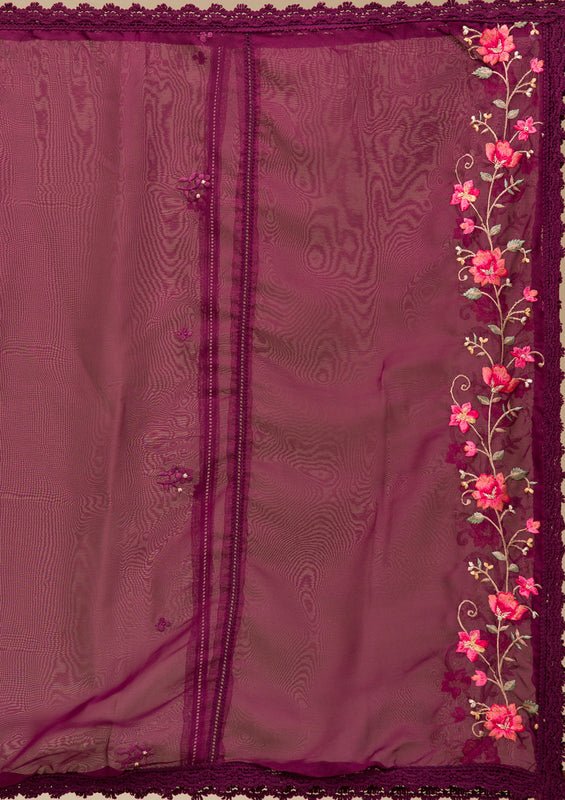 Wine Chanderi Threadwork Straight Kurta With Regular Pant And Dupatta - Image 6