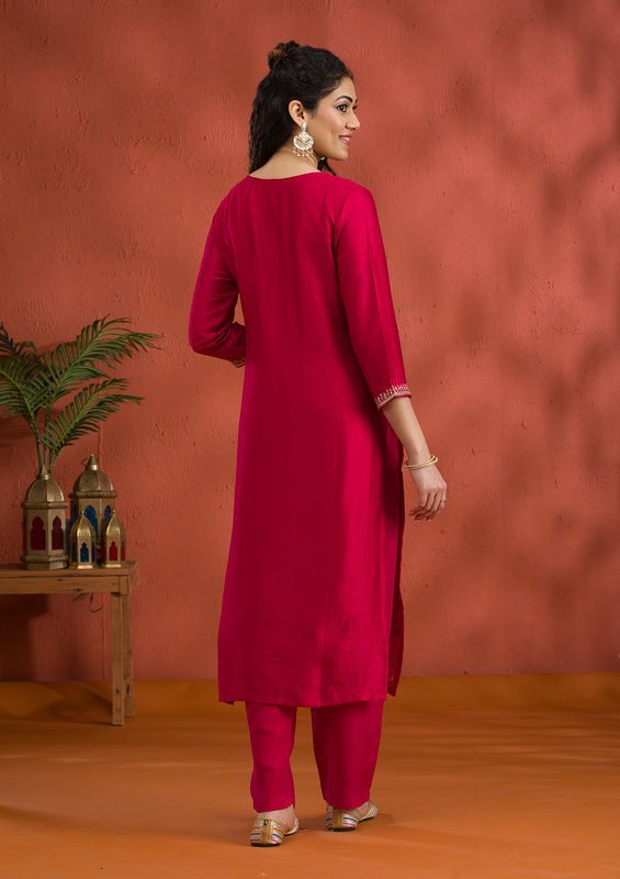 Rani Pink Soft Raw Silk Gold Zariwork Straight Kurta With Pant Regular And Dupatta - Image 2