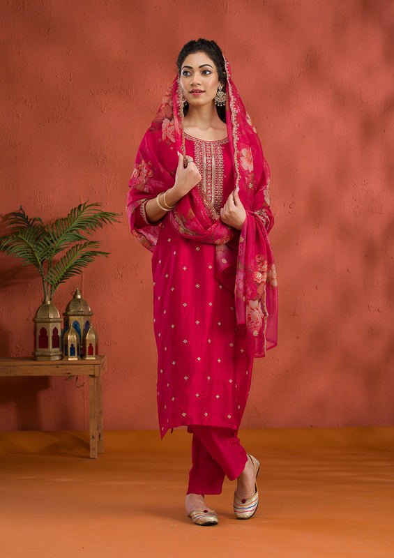 Rani Pink Soft Raw Silk Gold Zariwork Straight Kurta With Pant Regular And Dupatta - Image 3