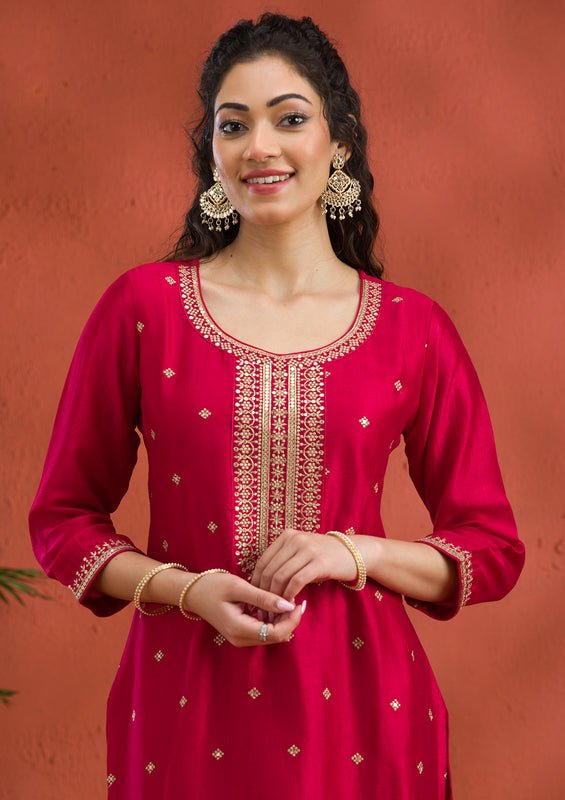 Rani Pink Soft Raw Silk Gold Zariwork Straight Kurta With Pant Regular And Dupatta - Image 4
