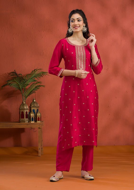 Rani Pink Soft Raw Silk Gold Zariwork Straight Kurta With Pant Regular And Dupatta - Image 5