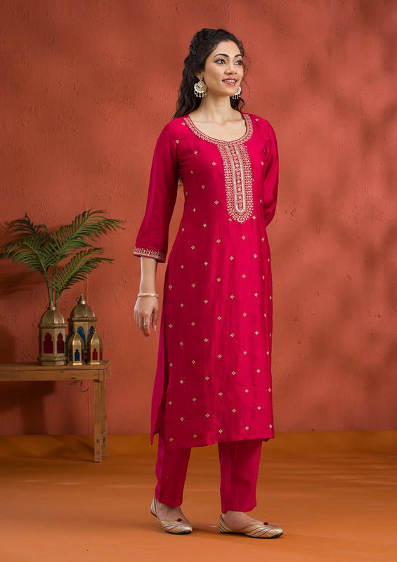 Rani Pink Soft Raw Silk Gold Zariwork Straight Kurta With Pant Regular And Dupatta - Image 6