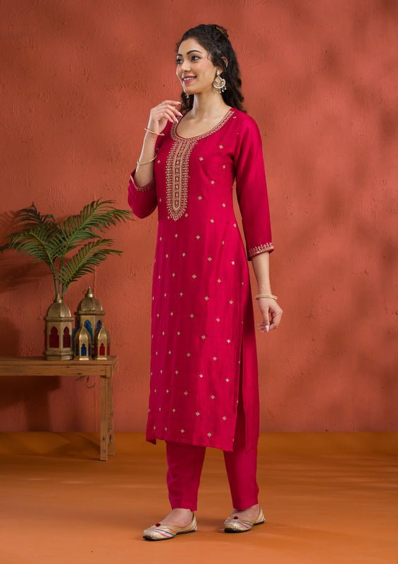 Rani Pink Soft Raw Silk Gold Zariwork Straight Kurta With Pant Regular And Dupatta - Image 7