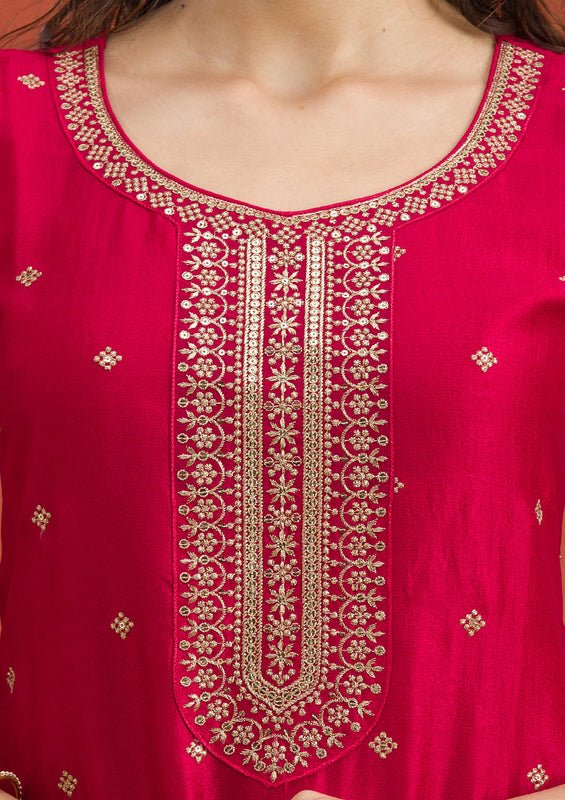 Rani Pink Soft Raw Silk Gold Zariwork Straight Kurta With Pant Regular And Dupatta - Image 8