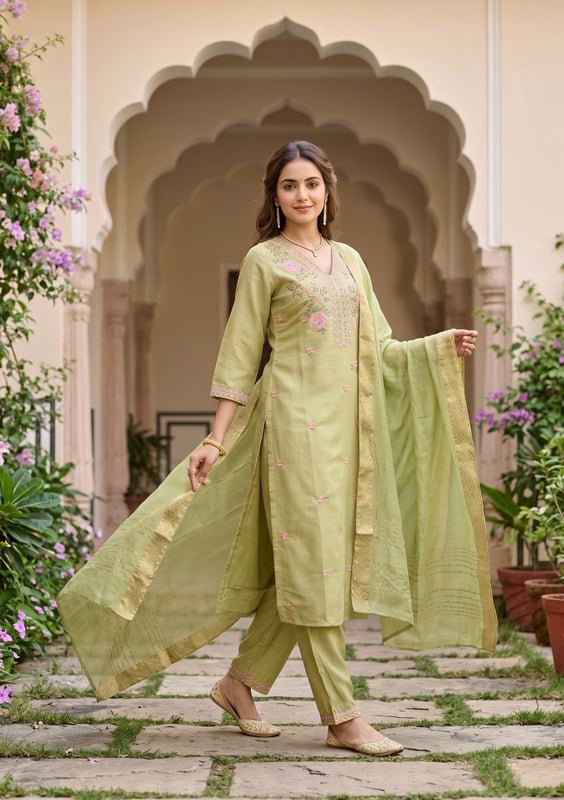 Pista Green Art Silk Threadwork Straight Kurta With Regular Pant And Dupatta