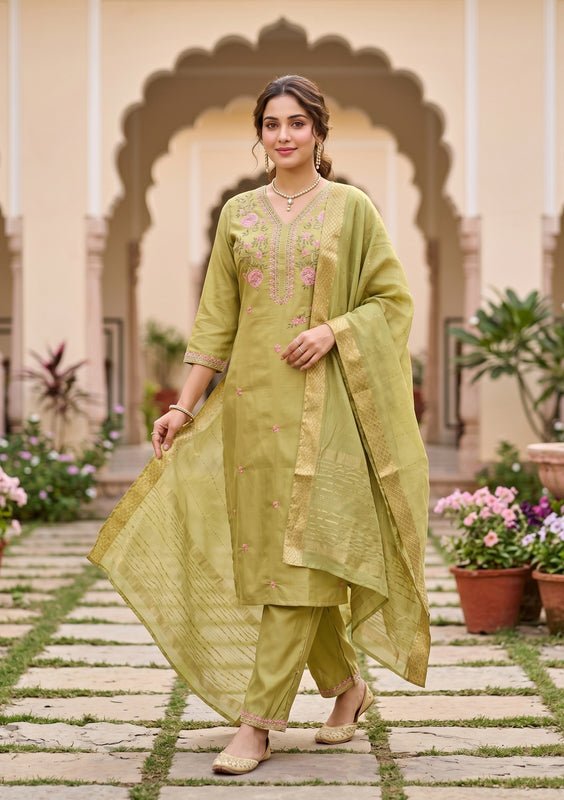 Pista Green Art Silk Threadwork Straight Kurta With Regular Pant And Dupatta - Image 2