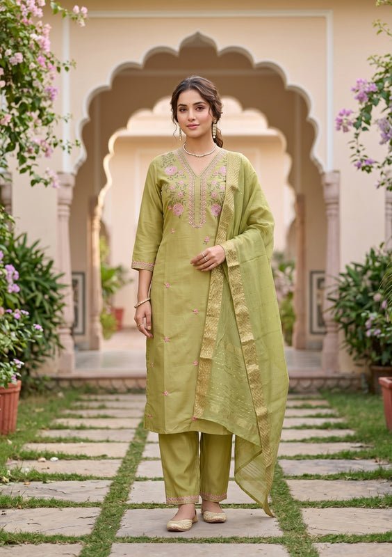 Pista Green Art Silk Threadwork Straight Kurta With Regular Pant And Dupatta - Image 3