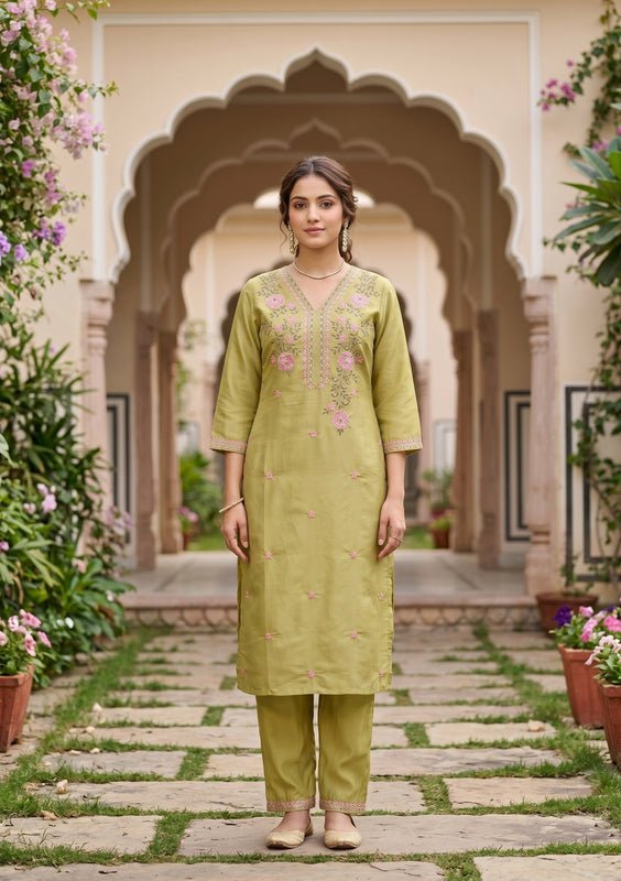 Pista Green Art Silk Threadwork Straight Kurta With Regular Pant And Dupatta - Image 5