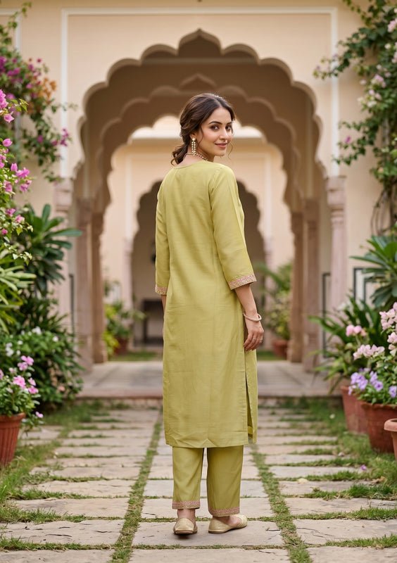 Pista Green Art Silk Threadwork Straight Kurta With Regular Pant And Dupatta - Image 6