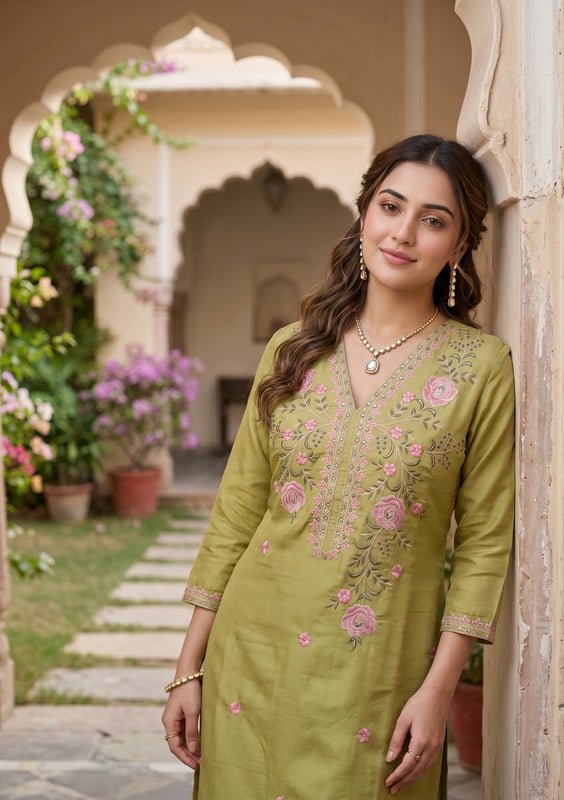 Pista Green Art Silk Threadwork Straight Kurta With Regular Pant And Dupatta - Image 7