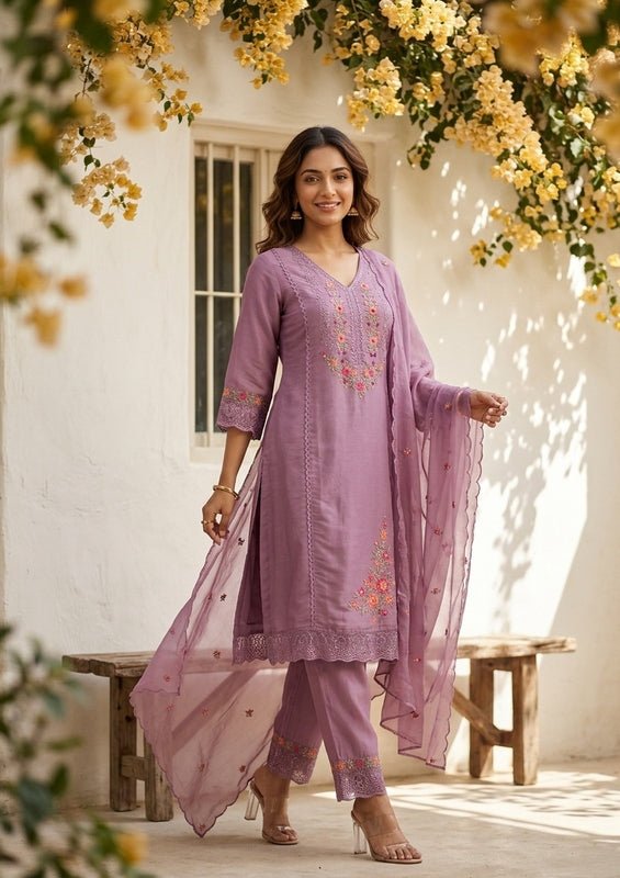 Mauve Raw Silk Threadwork Straight Kurta With Pant Regular And Dupatta