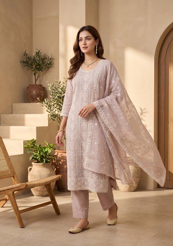 Mauve Threadwork Straight Kurta With Pant Regular And Dupatta