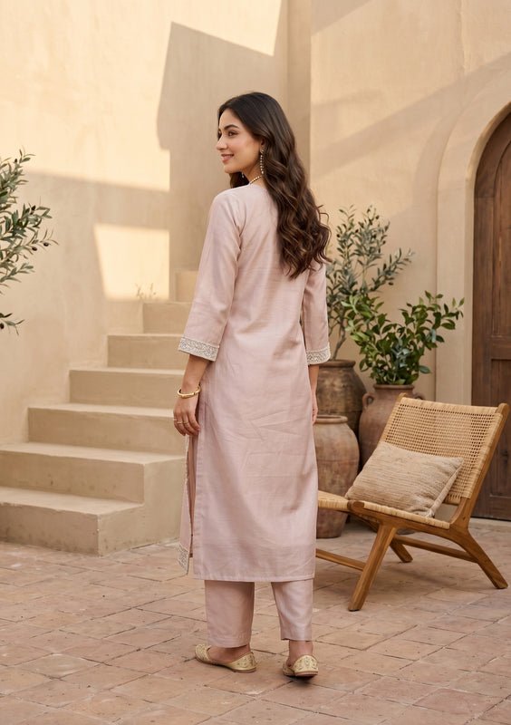 Mauve Threadwork Straight Kurta With Pant Regular And Dupatta - Image 2